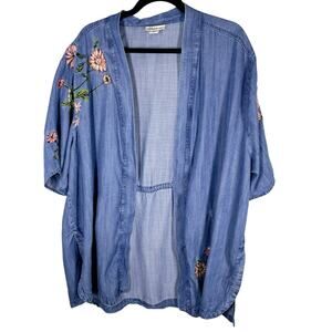 Style & Co, Size 2X, Chambray Blue Embroidered Woven Cardigan, Floral, Cottage